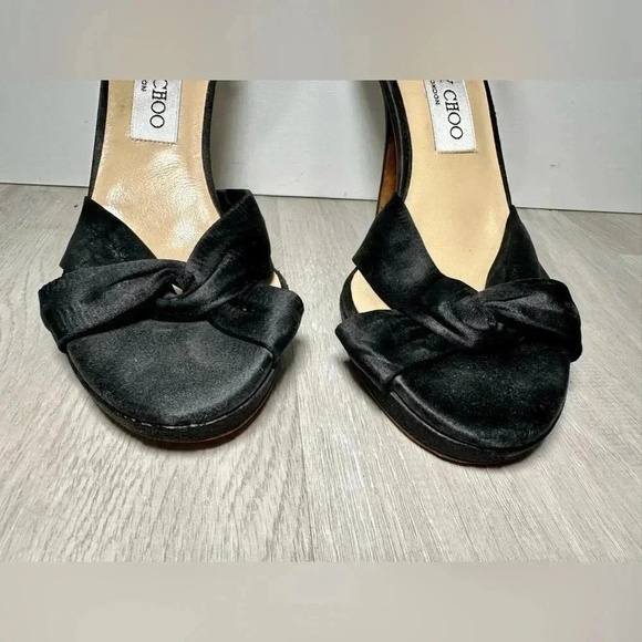Jimmy Choo Black Satin Ankle Strap Bow Heels Sandals Women's Size 37 - Picture 3 of 7